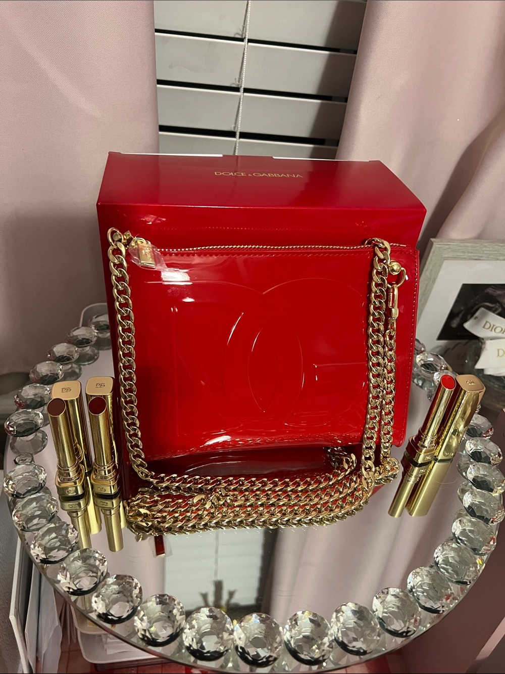 Dolce & Gabbana Red Pouch w- 47 inch chain- 3 Lipsticks